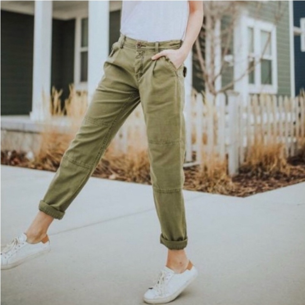 Free People Green Wash Cargo Utility Cropped Pants Size 28 Button Fly